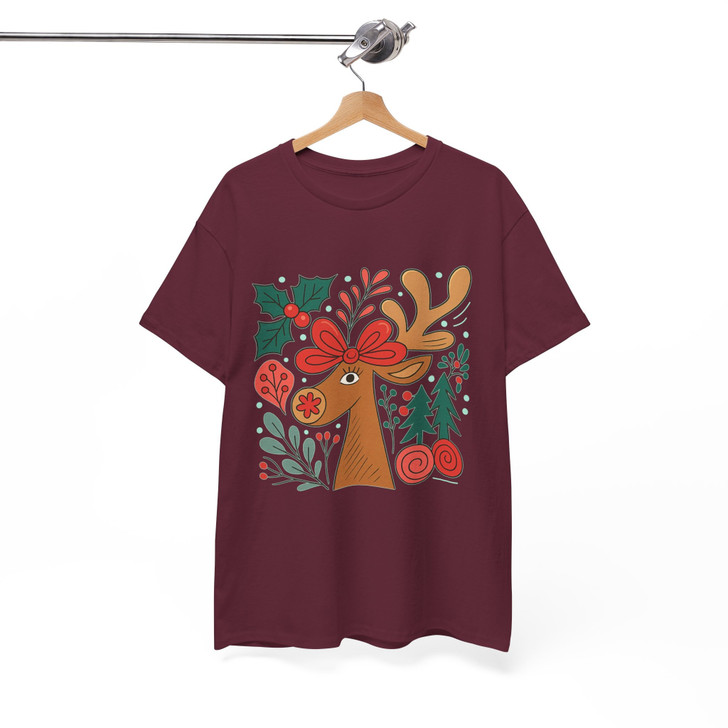 Retro Reindeer Boho Floral Christmas Preppy Holiday T-shirt S-5XL