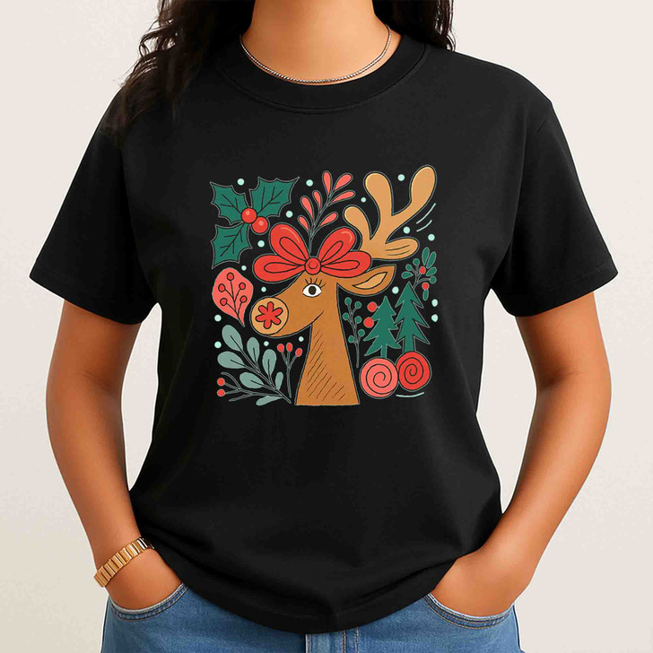 Retro Reindeer Boho Floral Christmas Preppy Holiday T-shirt S-5XL