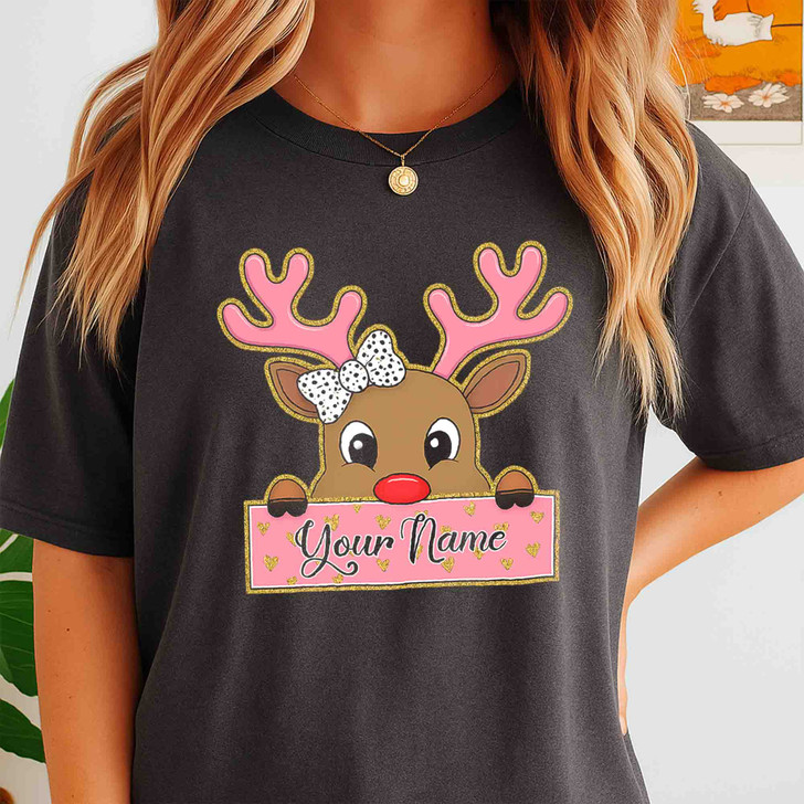 Glitter Coquette Pink Reindeer Kids Holiday Brushstroke T-shirt S-5XL