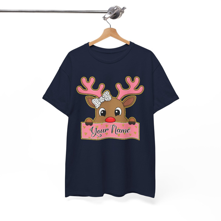 Glitter Coquette Pink Reindeer Kids Holiday Brushstroke T-shirt S-5XL