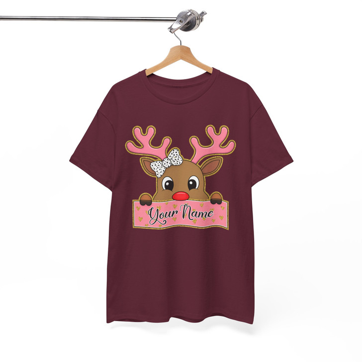 Glitter Coquette Pink Reindeer Kids Holiday Brushstroke T-shirt S-5XL