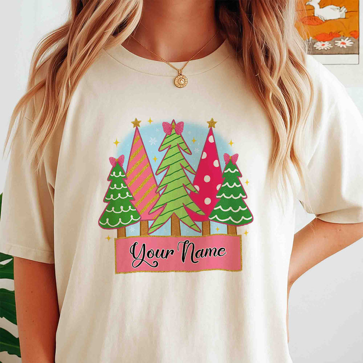Girly Pink Christmas Coquette Tree Kids Name Xmas T-shirt S-5XL