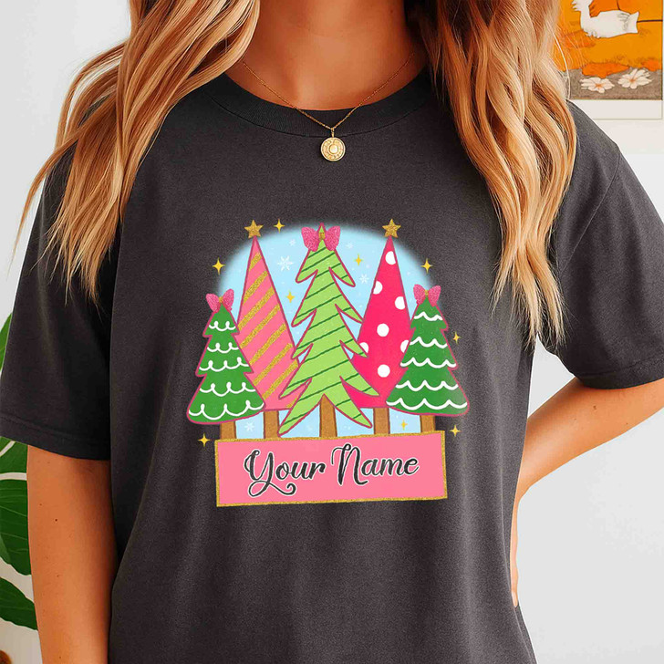 Girly Pink Christmas Coquette Tree Kids Name Xmas T-shirt S-5XL