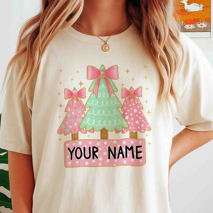 Personalized Coquette Glitter Christmas Tree Kids Name Brushstroke T-shirt S-5XL