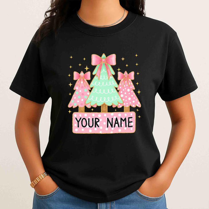 Personalized Coquette Glitter Christmas Tree Kids Name Brushstroke T-shirt S-5XL