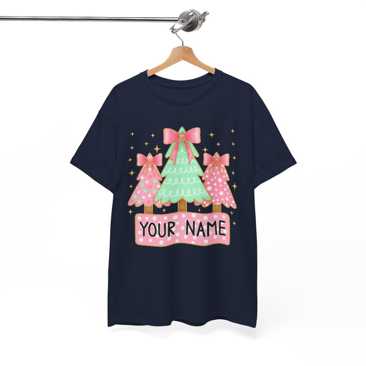 Personalized Coquette Glitter Christmas Tree Kids Name Brushstroke T-shirt S-5XL
