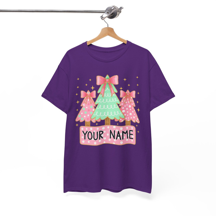 Personalized Coquette Glitter Christmas Tree Kids Name Brushstroke T-shirt S-5XL