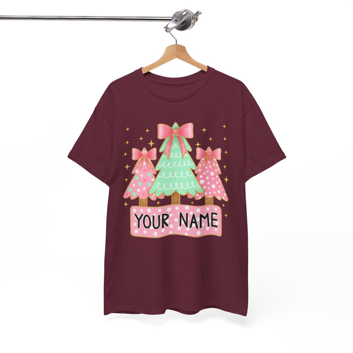 Personalized Coquette Glitter Christmas Tree Kids Name Brushstroke T-shirt S-5XL
