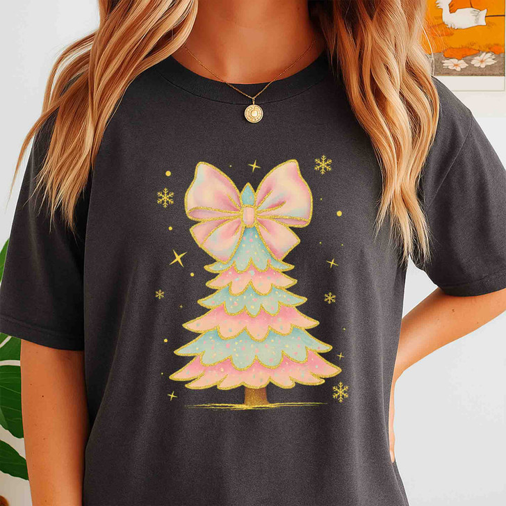 Iridescent Coquette Christmas Tree Girly Colorful Glitter Xmas T-shirt S-5XL