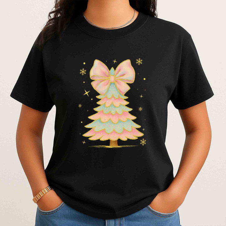 Iridescent Coquette Christmas Tree Girly Colorful Glitter Xmas T-shirt S-5XL