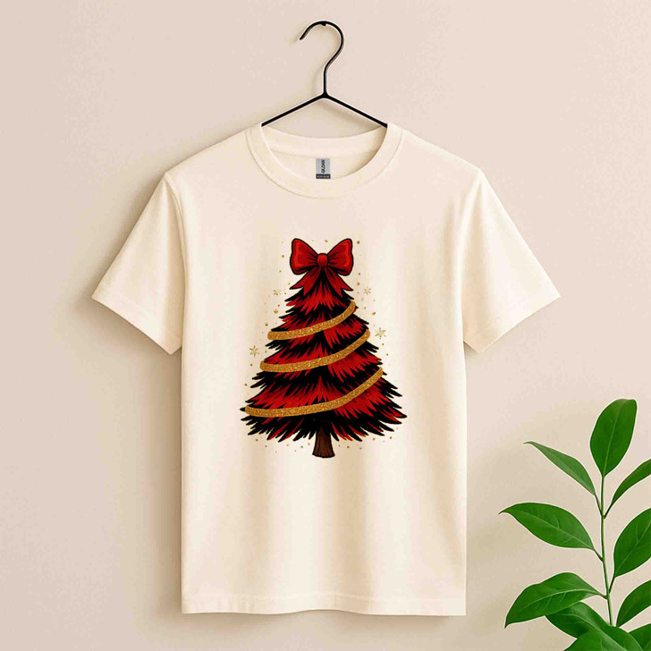 Pink Brushstroke Christmas Tree Merry Bright Cozy Xmas T-shirt S-5XL