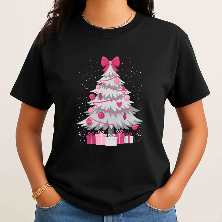 Pink Christmas Tree Cute Holiday Bow Cozy Xmas Gift T-shirt S-5XL