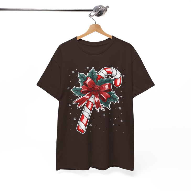 Candy Cane Christmas Holly Bow Holiday Cozy Winter Gift T-shirt S-5XL