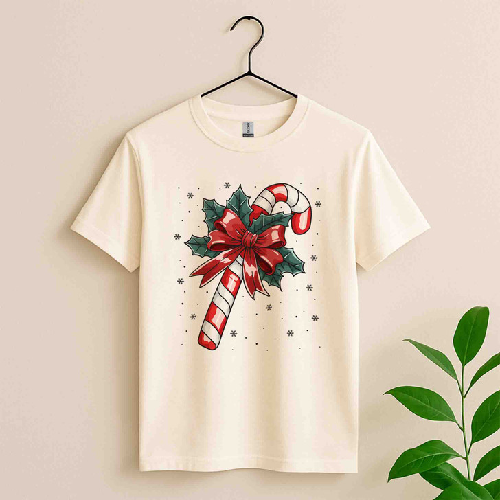 Candy Cane Christmas Holly Bow Holiday Cozy Winter Gift T-shirt S-5XL