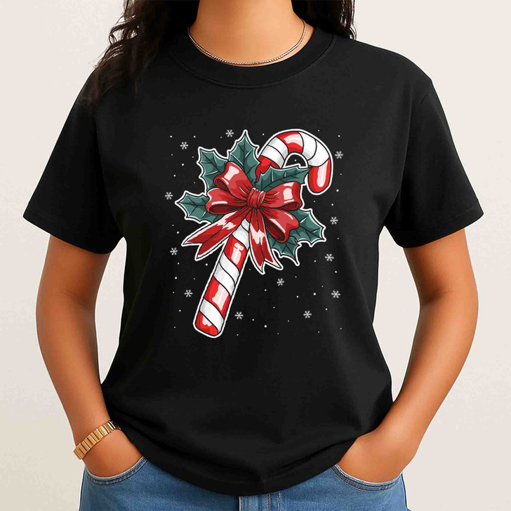 Candy Cane Christmas Holly Bow Holiday Cozy Winter Gift T-shirt S-5XL
