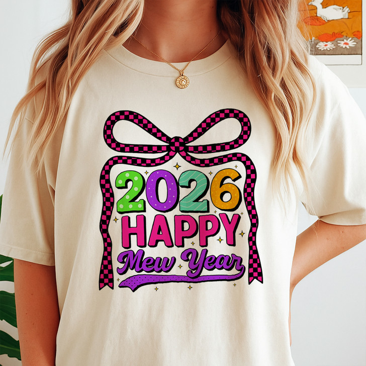Happy New Year 2026 Checkered Bow Festive NYE Party T-shirt S-5XL