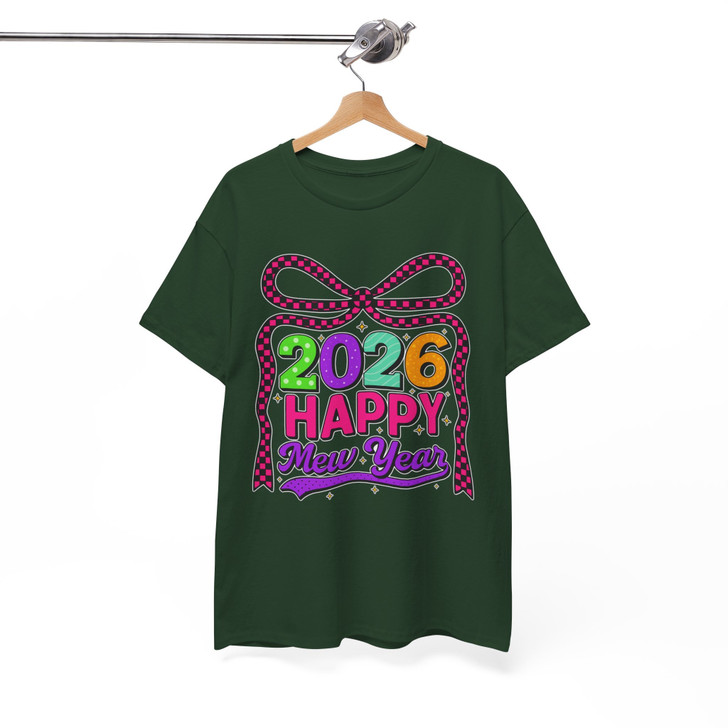 Happy New Year 2026 Checkered Bow Festive NYE Party T-shirt S-5XL