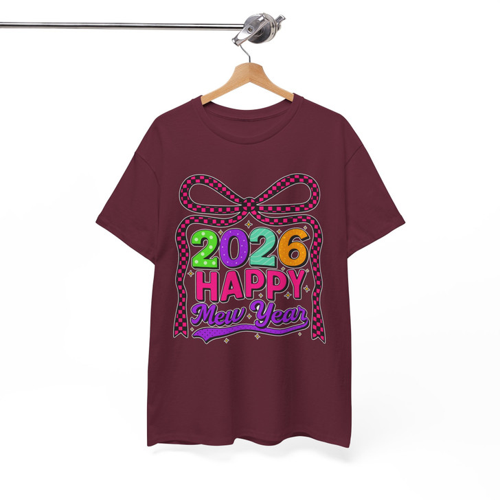 Happy New Year 2026 Checkered Bow Festive NYE Party T-shirt S-5XL