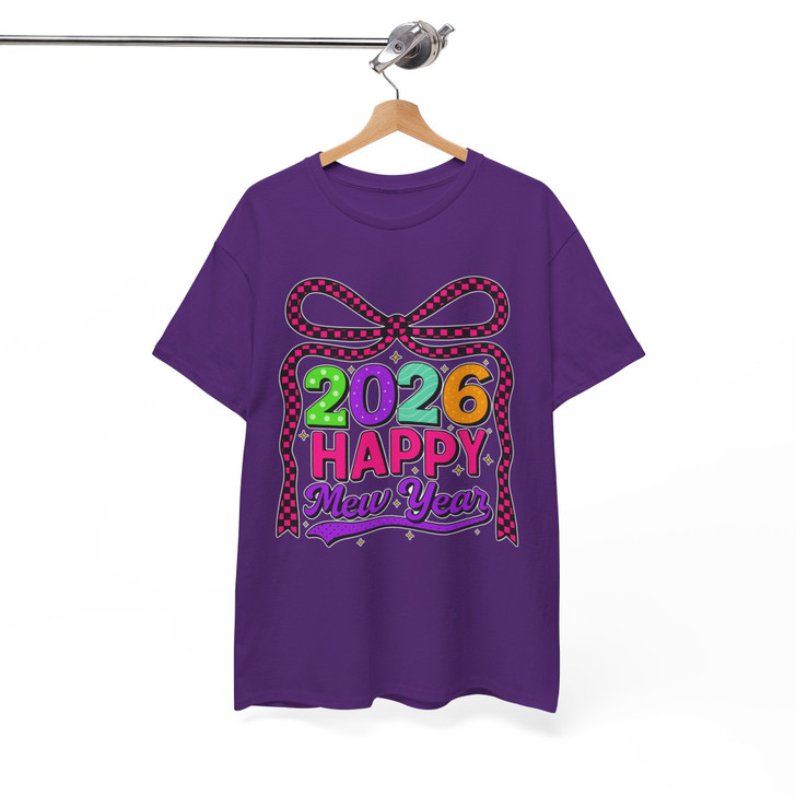 Happy New Year 2026 Checkered Bow Festive NYE Party T-shirt S-5XL