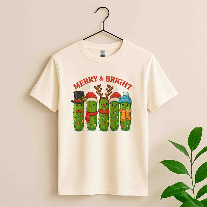 Merry and Bright Christmas Pickle Festive Holiday Crewneck T-shirt S-5XL