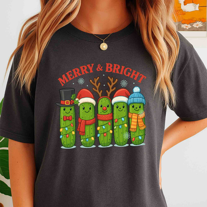 Merry and Bright Christmas Pickle Festive Holiday Crewneck T-shirt S-5XL