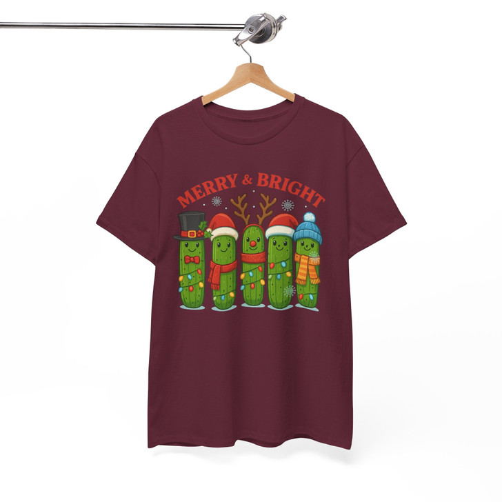 Merry and Bright Christmas Pickle Festive Holiday Crewneck T-shirt S-5XL