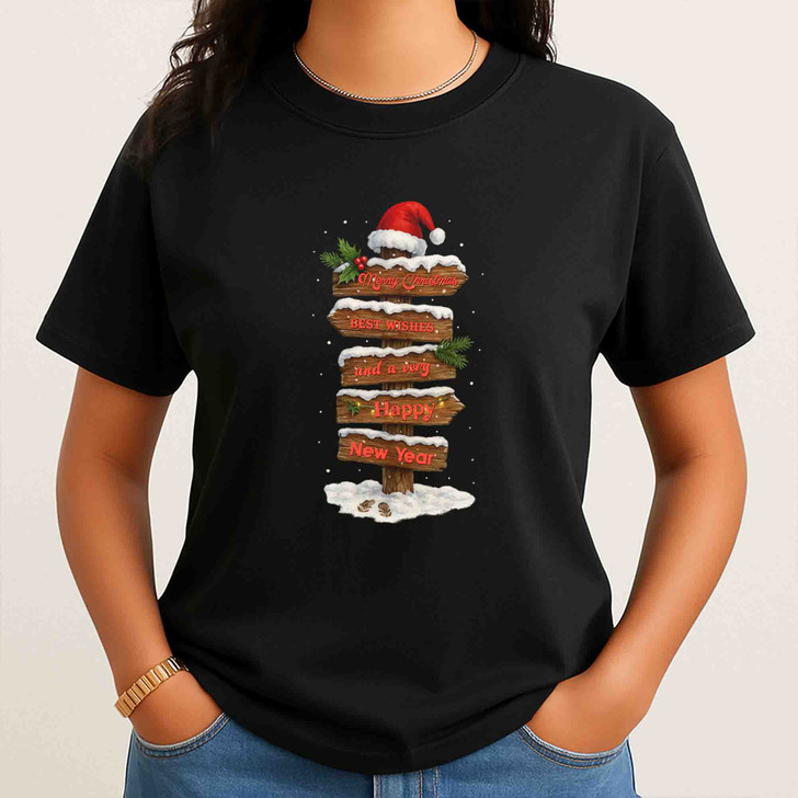 Rustic Christmas Signpost Merry Christmas Happy New Year Holiday T-shirt S-5XL