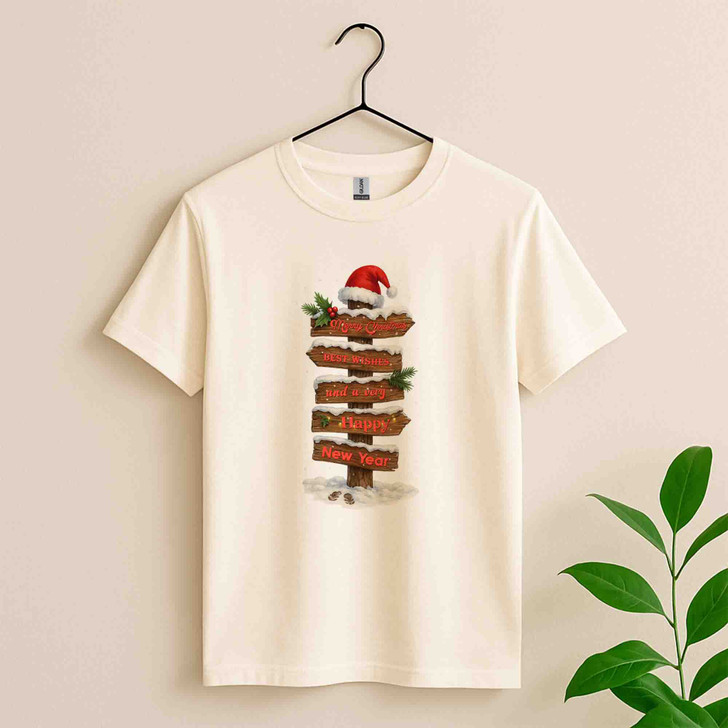 Rustic Christmas Signpost Merry Christmas Happy New Year Holiday T-shirt S-5XL