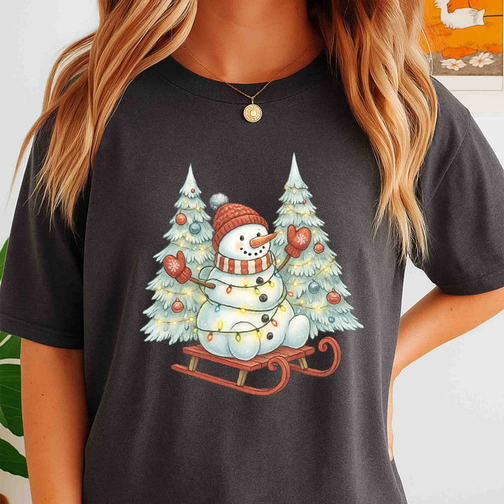 Festive Snowman Sledding Winter Wonderland Christmas Lights T-shirt S-5XL