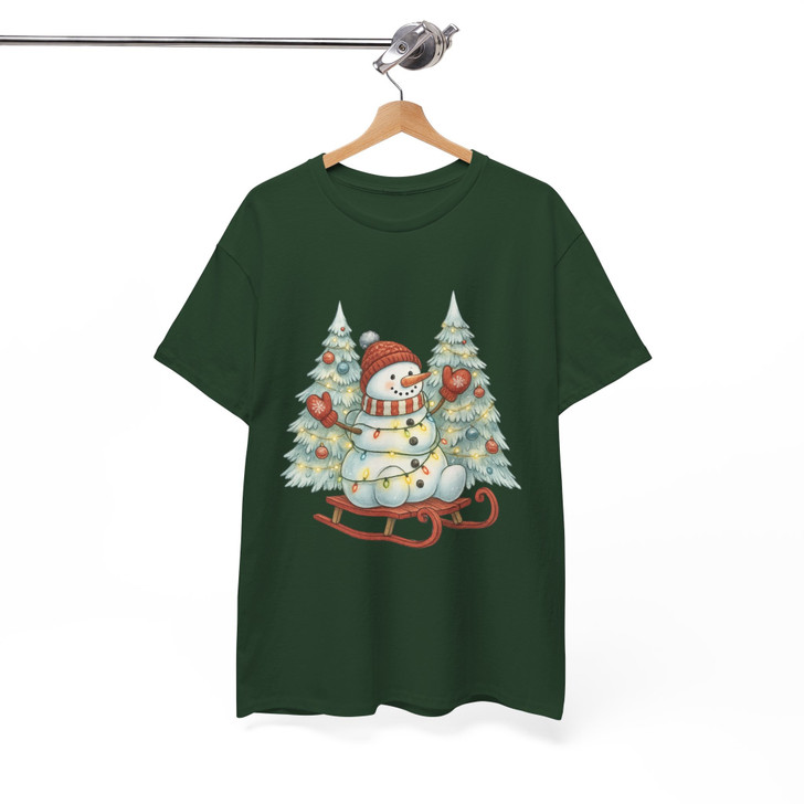 Festive Snowman Sledding Winter Wonderland Christmas Lights T-shirt S-5XL