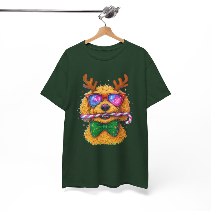 Festive Disco Dog Reindeer Funny Golden Doodle Christmas Crewneck T-shirt S-5XL