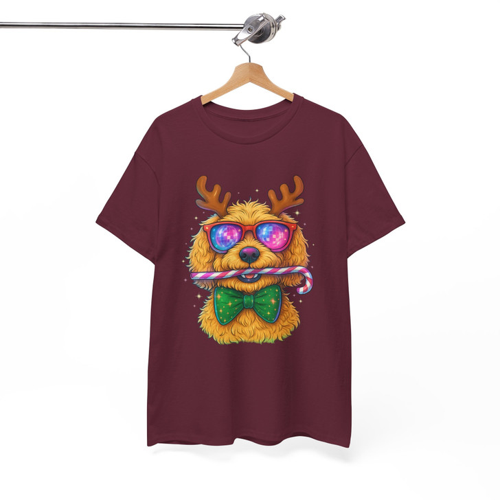 Festive Disco Dog Reindeer Funny Golden Doodle Christmas Crewneck T-shirt S-5XL