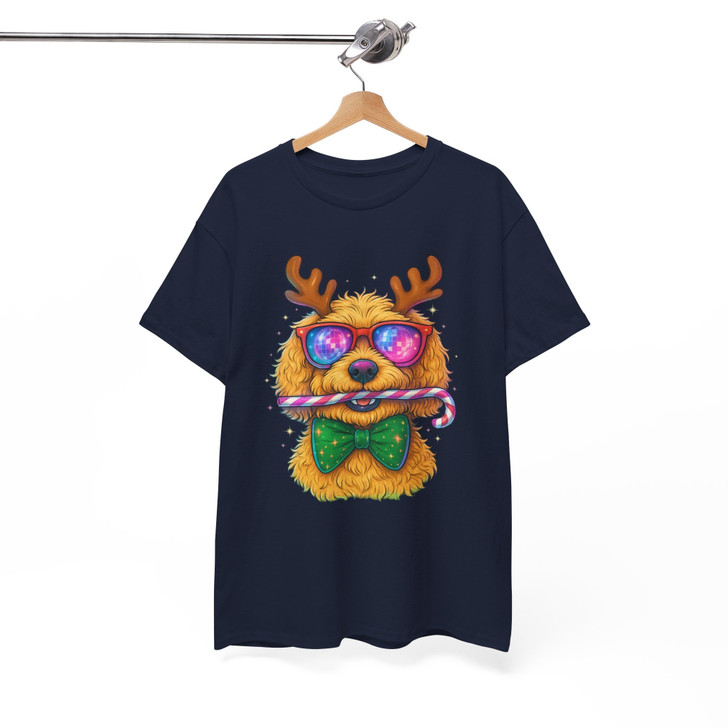 Festive Disco Dog Reindeer Funny Golden Doodle Christmas Crewneck T-shirt S-5XL