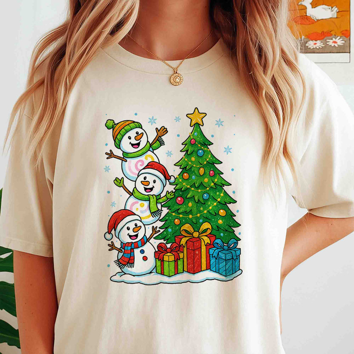 Three Snowmen Christmas Tree Cute Holiday Gifts Crewneck T-shirt S-5XL