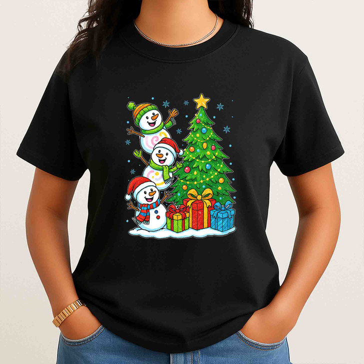 Three Snowmen Christmas Tree Cute Holiday Gifts Crewneck T-shirt S-5XL