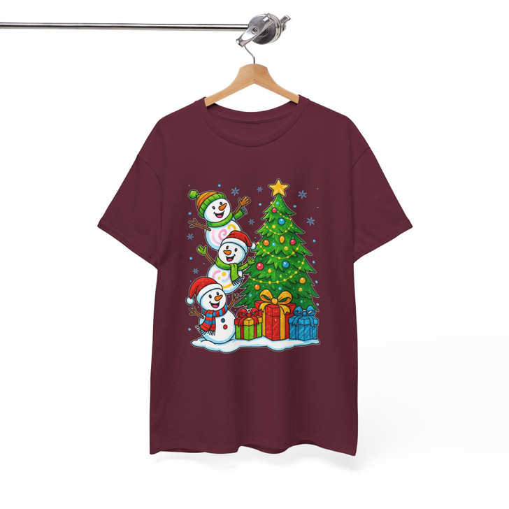 Three Snowmen Christmas Tree Cute Holiday Gifts Crewneck T-shirt S-5XL