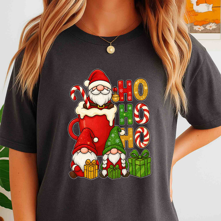 Santa Cocoa and Gnomes Ho Ho Ho Holiday Mug Crewneck Festive T-shirt S-5XL