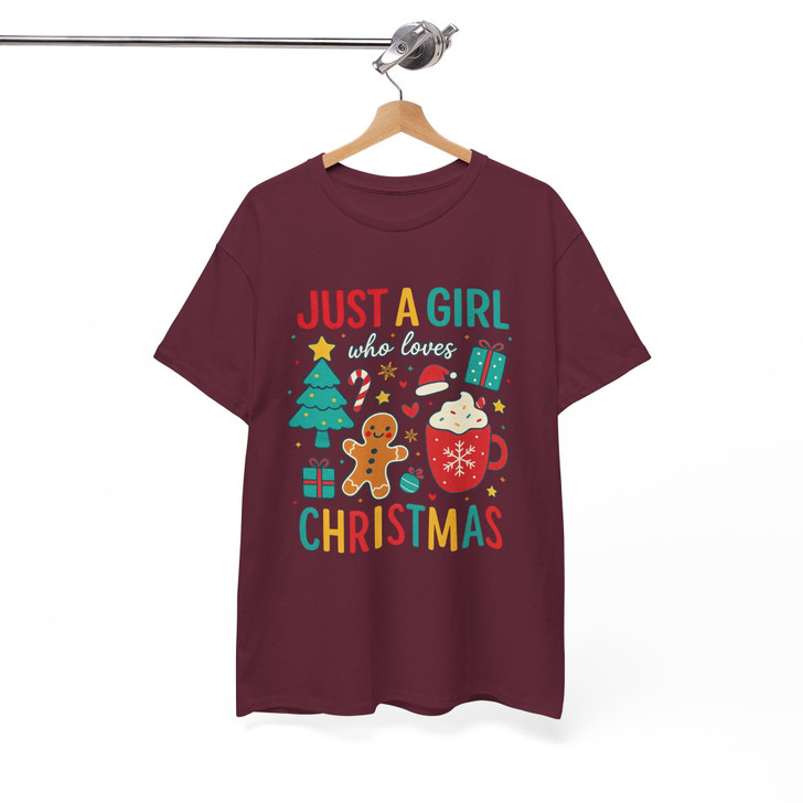 Just A Girl Who Loves Christmas Cute Gingerbread and Cocoa Holiday Crewneck T-shirt S-5XL