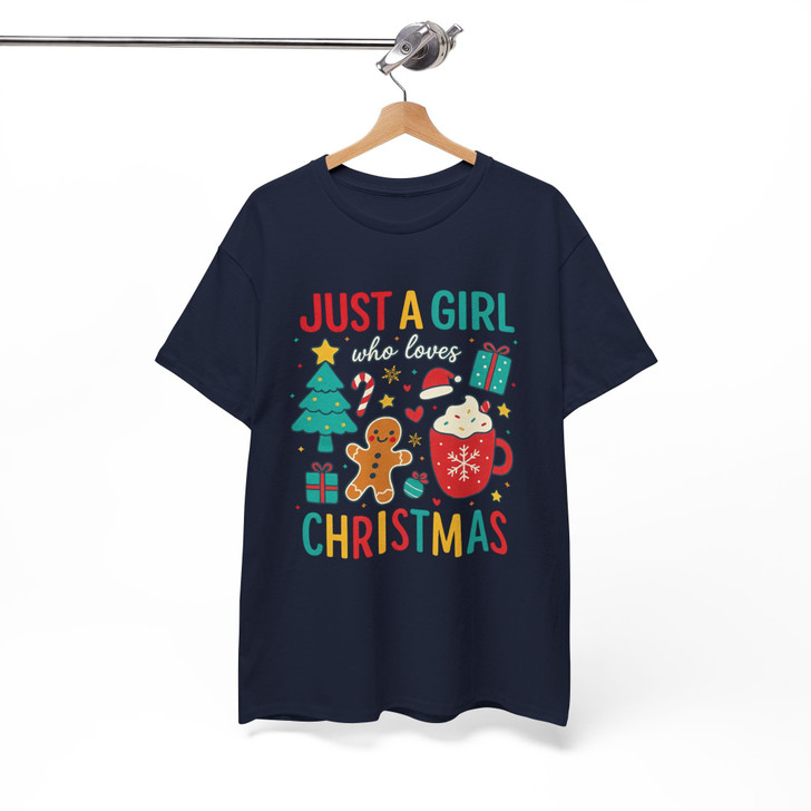 Just A Girl Who Loves Christmas Cute Gingerbread and Cocoa Holiday Crewneck T-shirt S-5XL