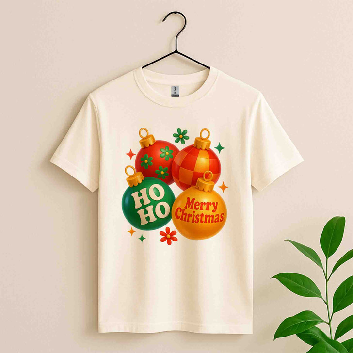 Merry Christmas Ornaments Retro Ho Ho Holiday Crewneck Festive T-shirt S-5XL