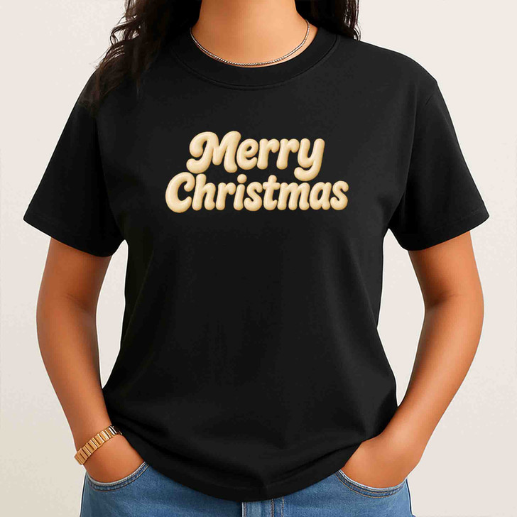 Minimalist Merry Christmas Embossed 3D Puffy Lettering Holiday Crewneck T-shirt S-5XL