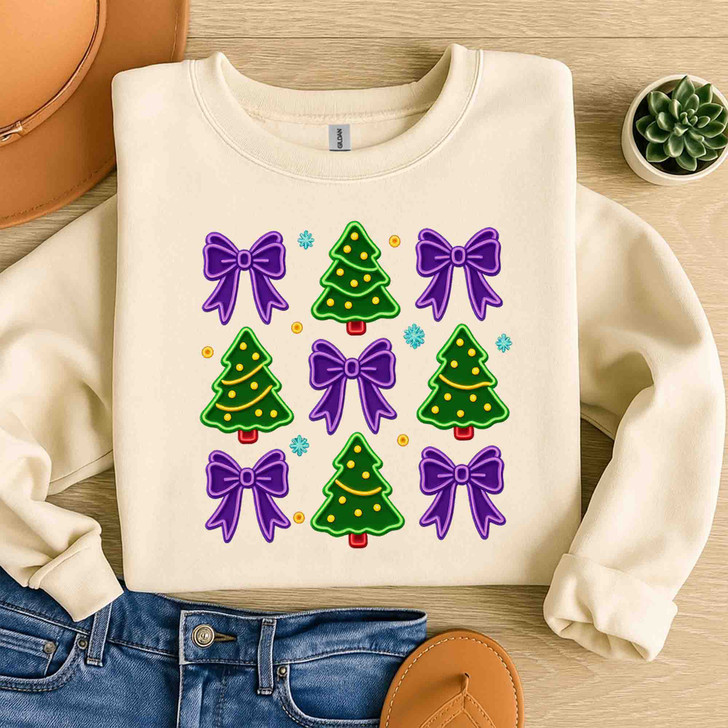 Neon Coquette Christmas Tree Cake Bow Sublimation Sweatshirt S-5XL