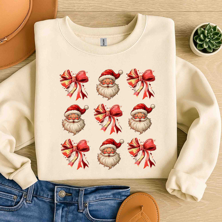Christmas Bow Santa Pink Coquette Trendy Holiday Sweatshirt S-5XL