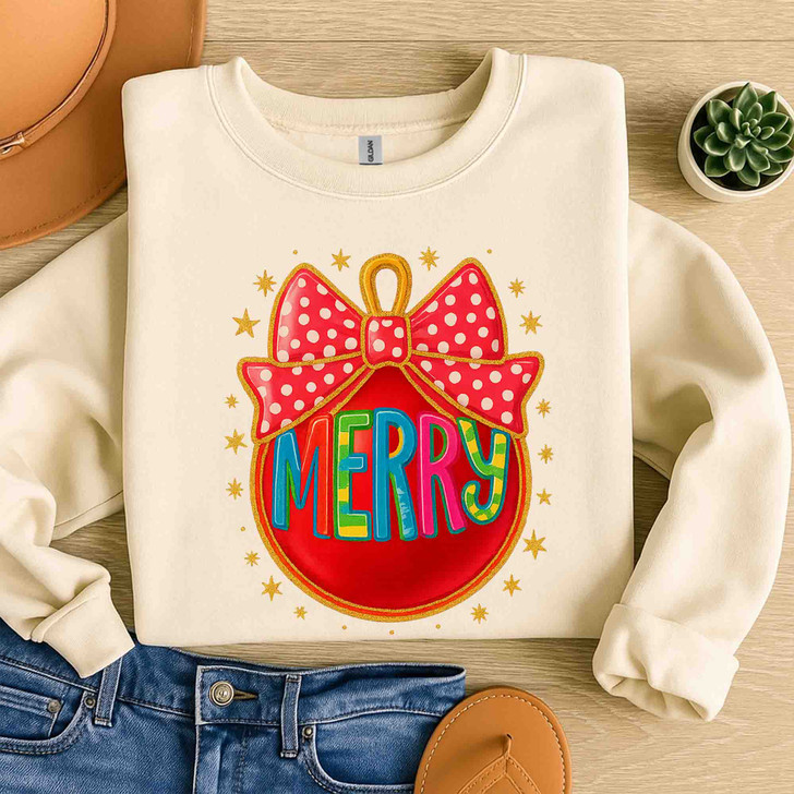 Colorful Glitter Merry Ornament Coquette Bow Holly Jolly Sweatshirt S-5XL