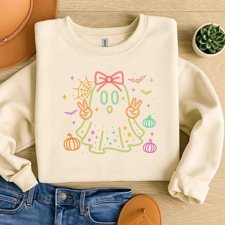 Neon Boo Halloween Cute Ghost Bow Sweatshirt S-5XL