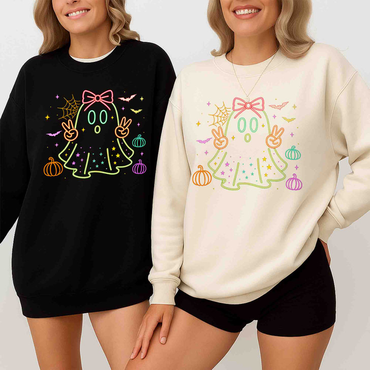 Neon Boo Halloween Cute Ghost Bow Sweatshirt S-5XL