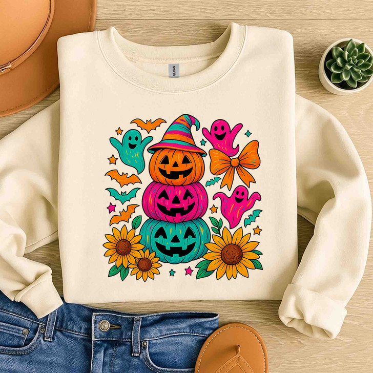 Preppy Neon Halloween Pumpkin Ghost Coquette Bow Sweatshirt S-5XL