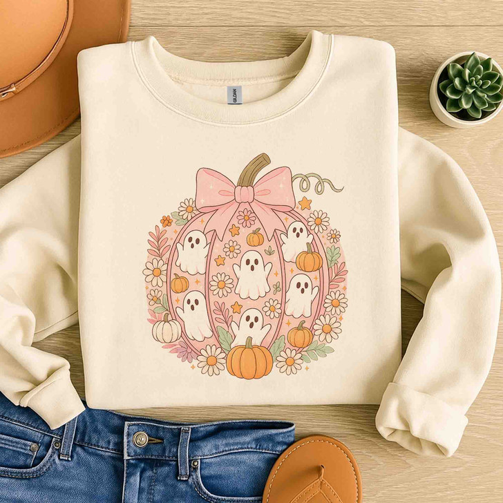 Pink Pumpkin Ghost Kawaii Halloween Floral Sweatshirt S-5XL