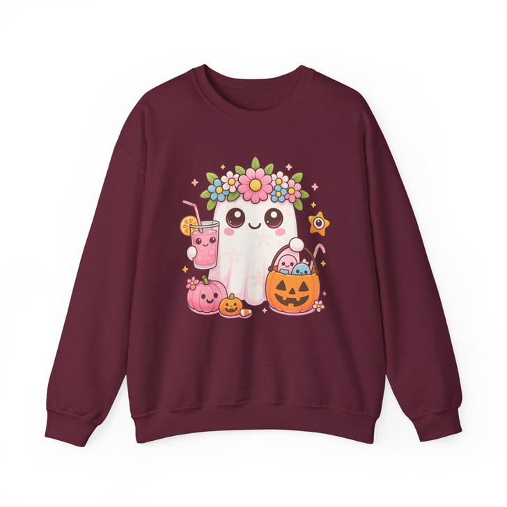 Cute Ghost with Flowers Candy Drink Summer Halloween Sweatshirt S-5XL