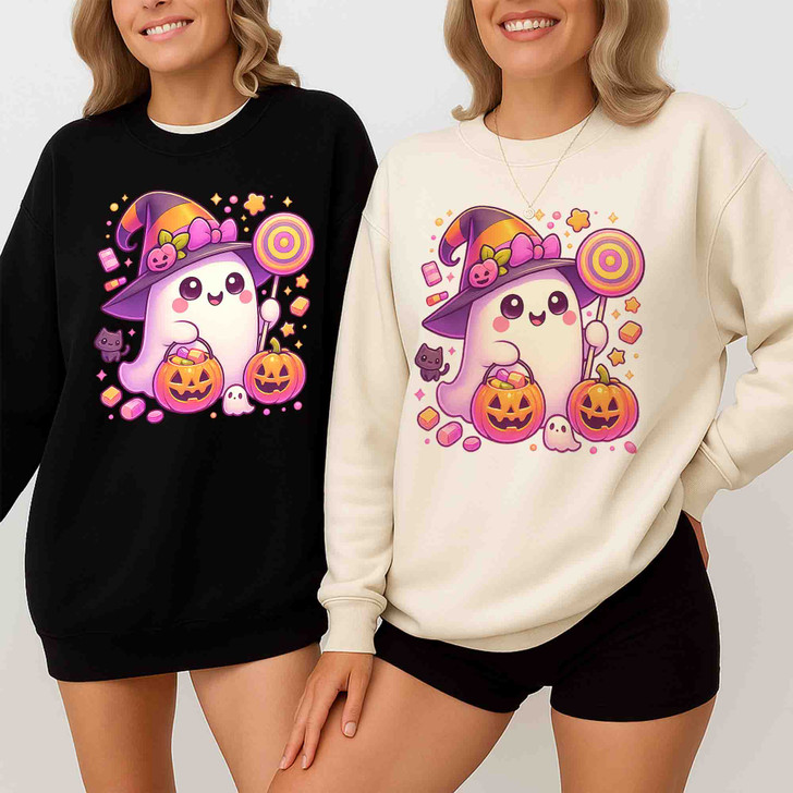 Cute Witch Ghost Candy Pumpkins Halloween Sweatshirt S-5XL
